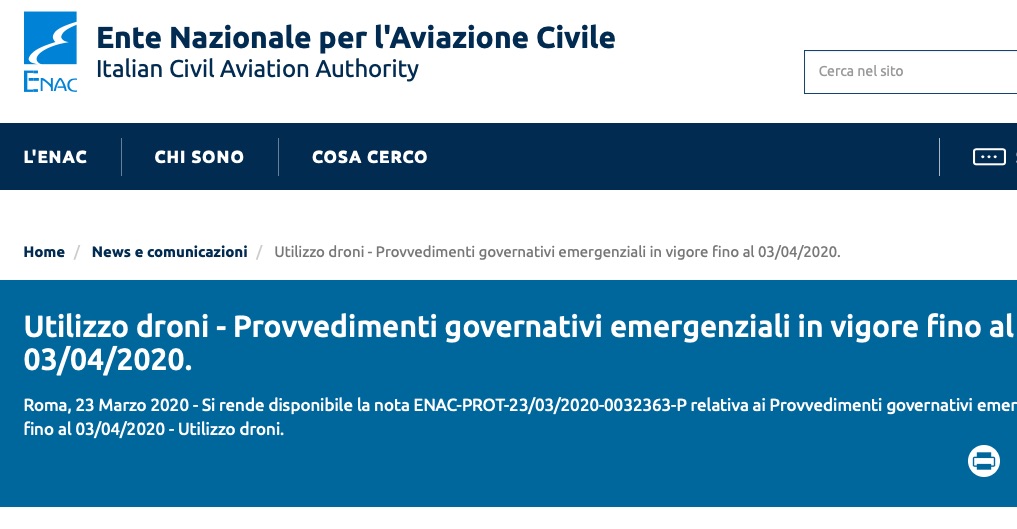 Droni sotto i 25 kg autorizzati per l'emergenza Coronavirus senza preventiva autorizzazione Enac