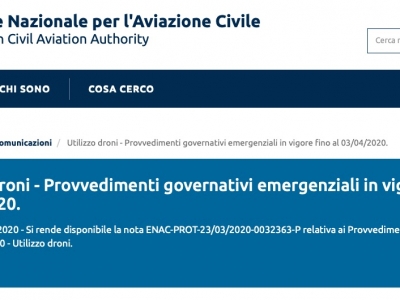 Droni sotto i 25 kg autorizzati per l'emergenza Coronavirus senza preventiva autorizzazione Enac