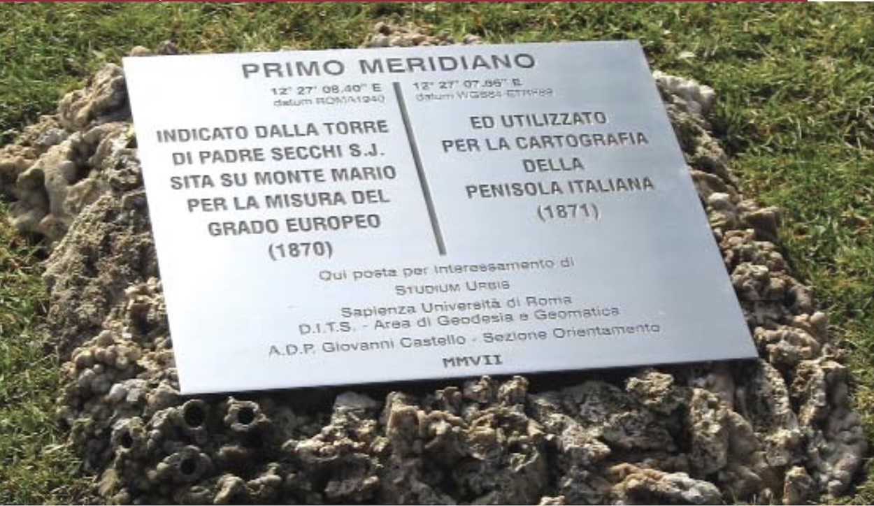 Targa del Primo Meridiano d’Italia con riferimenti ai sistemi geodetici Roma40 e WGS84–ETRF89