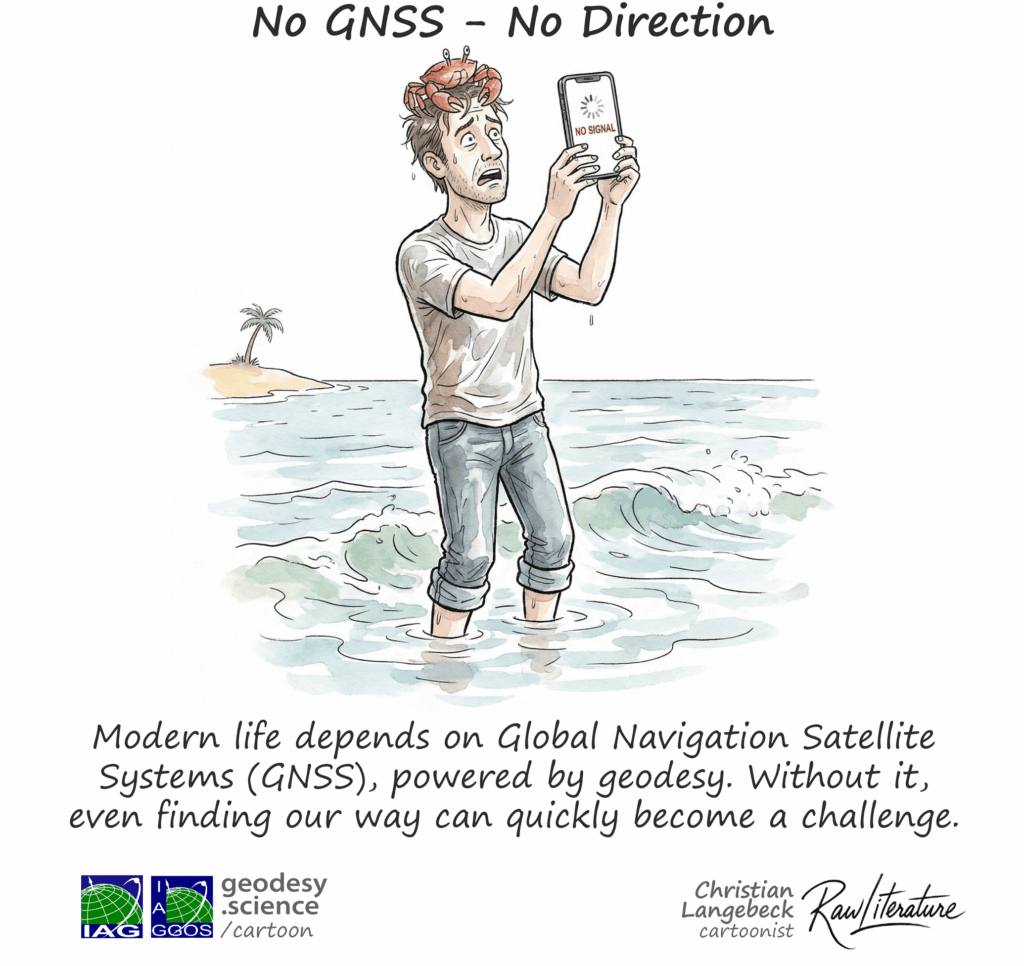 Vignetta Geodesy Cartoon: senza GNSS anche orientarsi diventa difficile, a dimostrazione dell'importanza della geodesia nella navigazione satellitare.