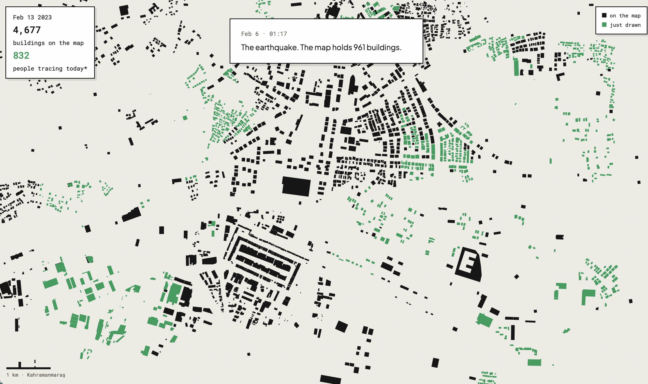 Central Kahramanmaraş on OpenStreetMap, morning of Feb 6, 2023. Each black shape is a building on the map. Sample area 4 × 4 km, fixed for the whole page.