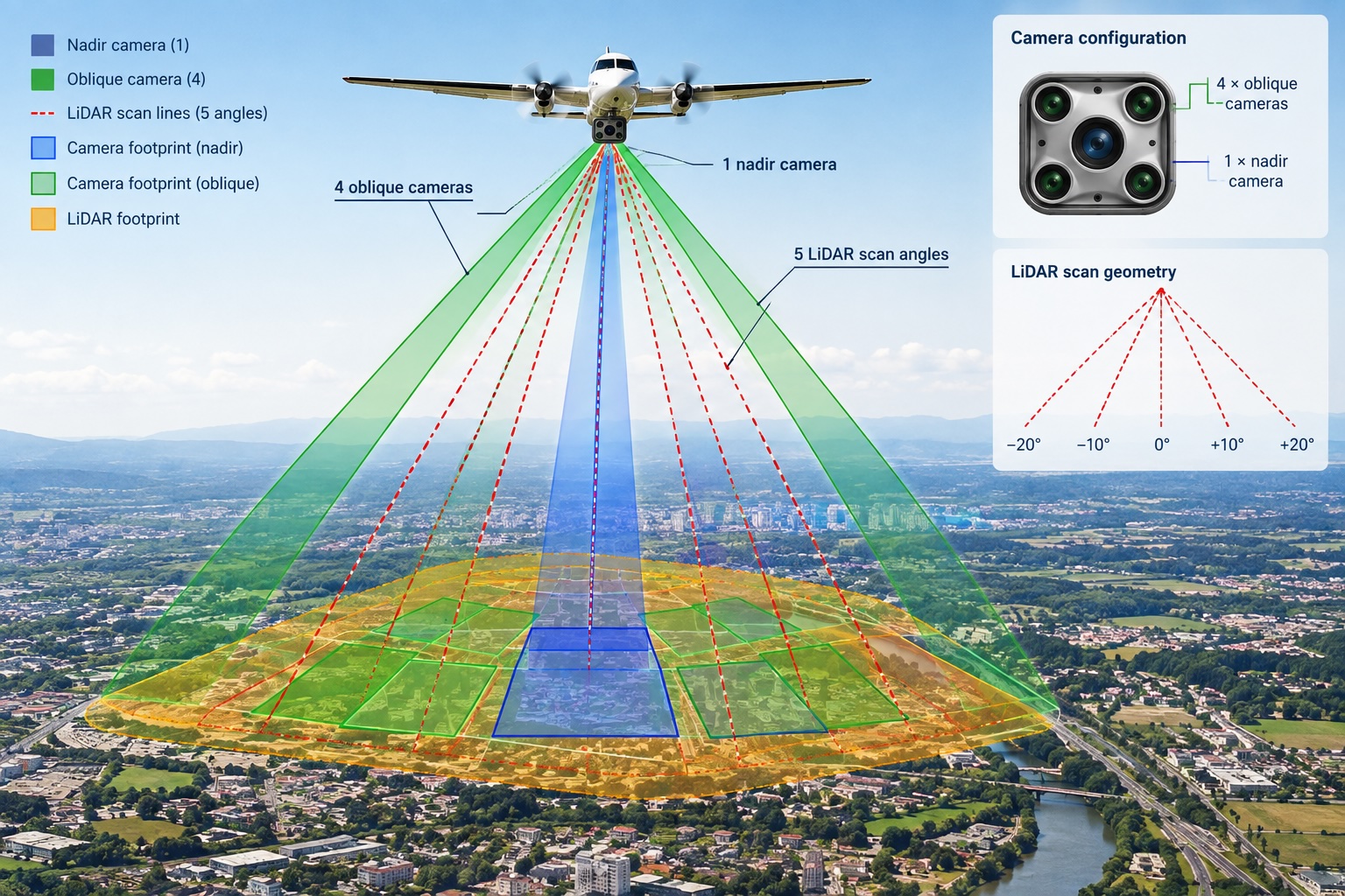 Schema dell’integrazione tra camere nadirali e oblique e scansione LiDAR multi-angolo nel sistema UltraCam Dragon
