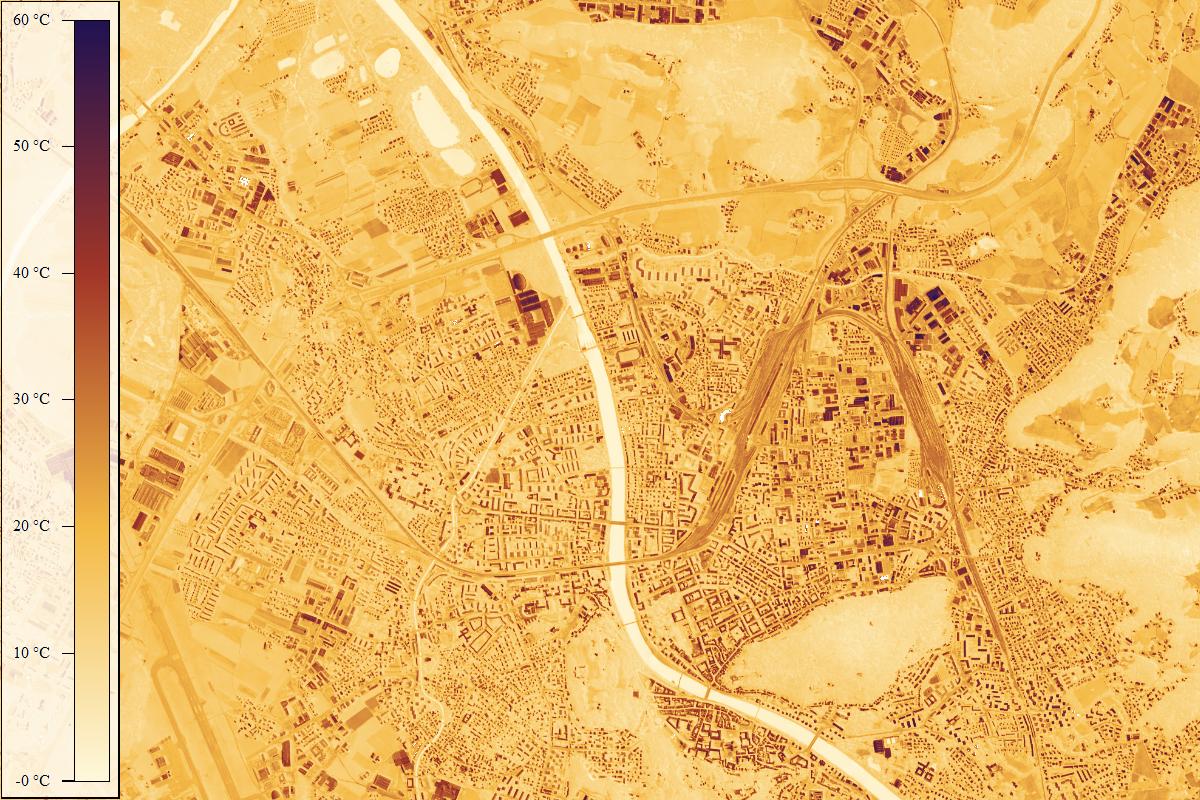 Differenze tra le temperature superficiali del volo notturno e del volo diurno eseguiti sulla città di Salisburgo nell’agosto 2025. Valori in gradi Celsius.